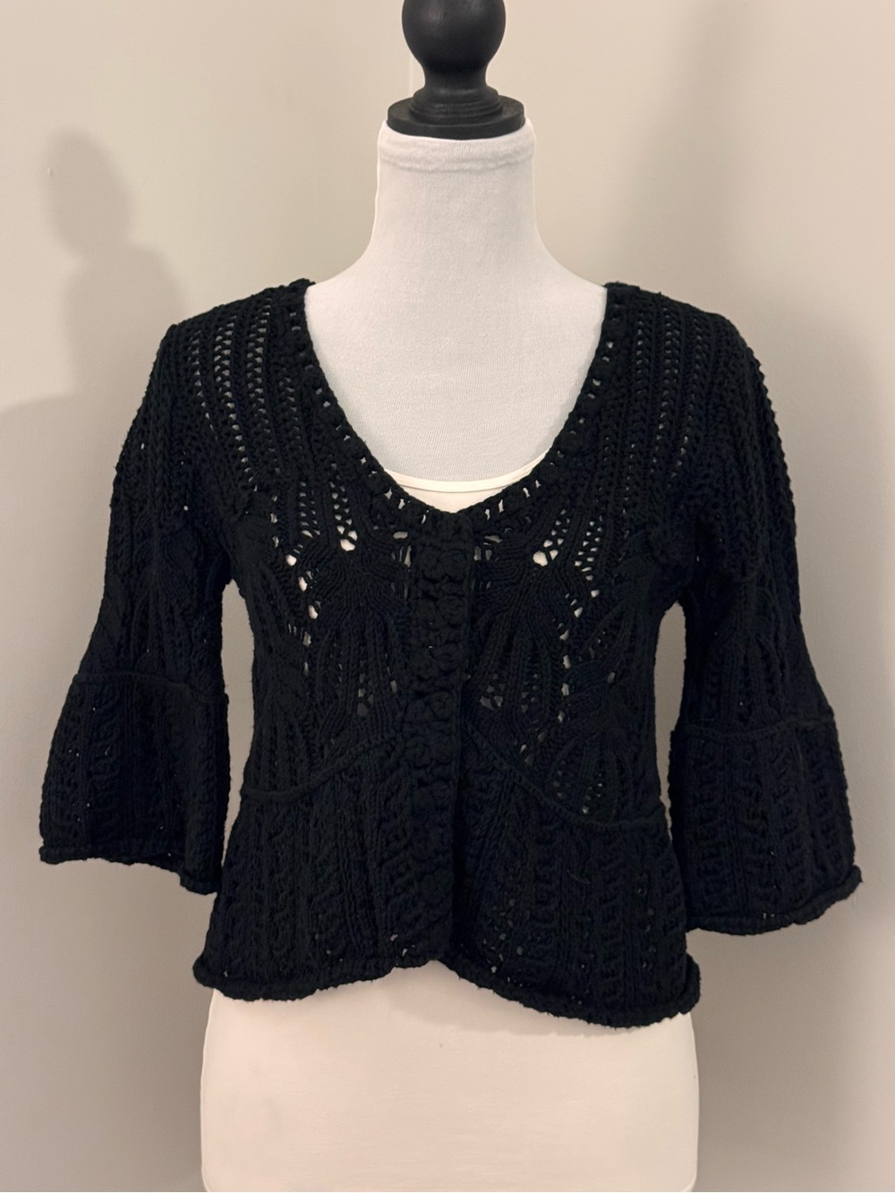 Free People Black Fast Lane Pointelle Crochet Bell Sleeve Snap Cardigan XS